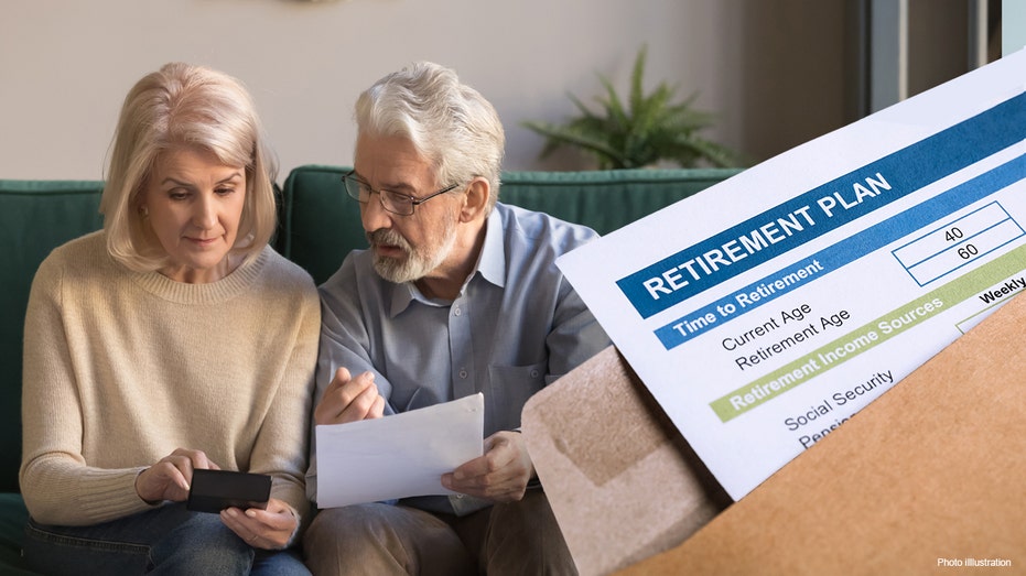 An elderly couple is discussing forms with enclosed retirement planning documents