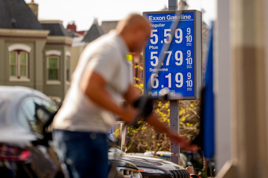 Gas prices of more than five dollars a gallon are displayed at a gas station near the US Capitol on Tuesday.