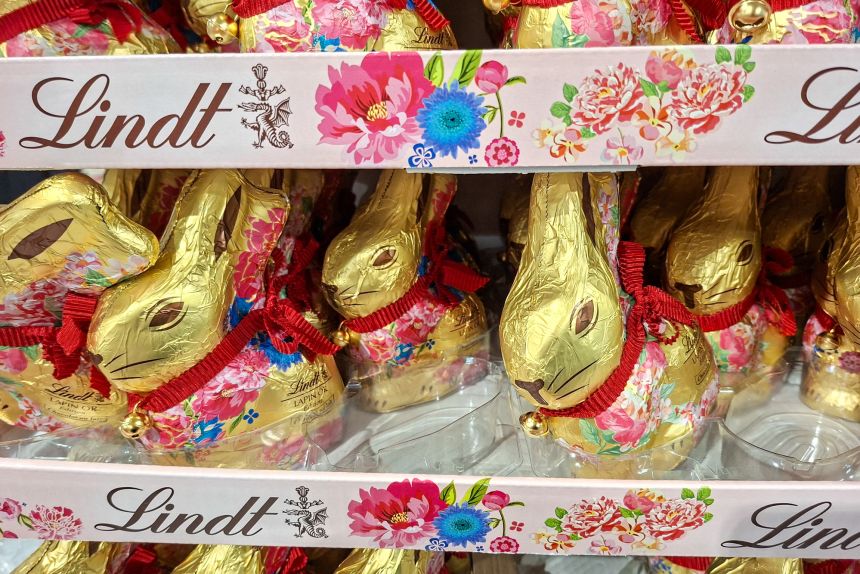 Lindt milk chocolate bunnies, a special Easter edition, are placed on shelves at a Carrefour supermarket in Paris, France, on March 27, 2026.