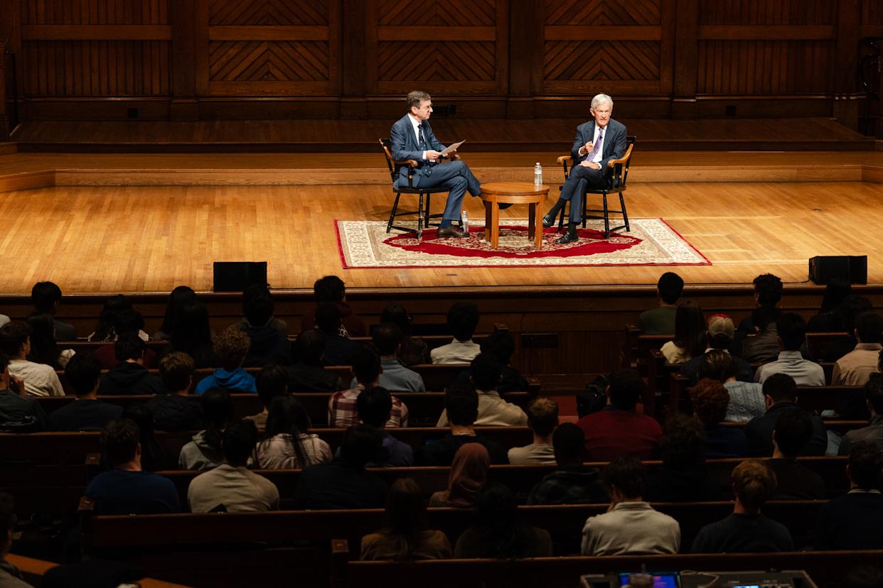 CAMBRIDGE, MASSACHUSETTS - MARCH 30: Harvard University Professor David Laibson moderates a discussion with Federal Reserve Chairman Jerome Powell during a Principles of Economics class at Harvard University on March 30, 2026 in Cambridge, Massachusetts. This will be one of Powell's last scheduled appointments before his term as chairman ends on May 15. (Photo by Sophie Park/Getty Images)