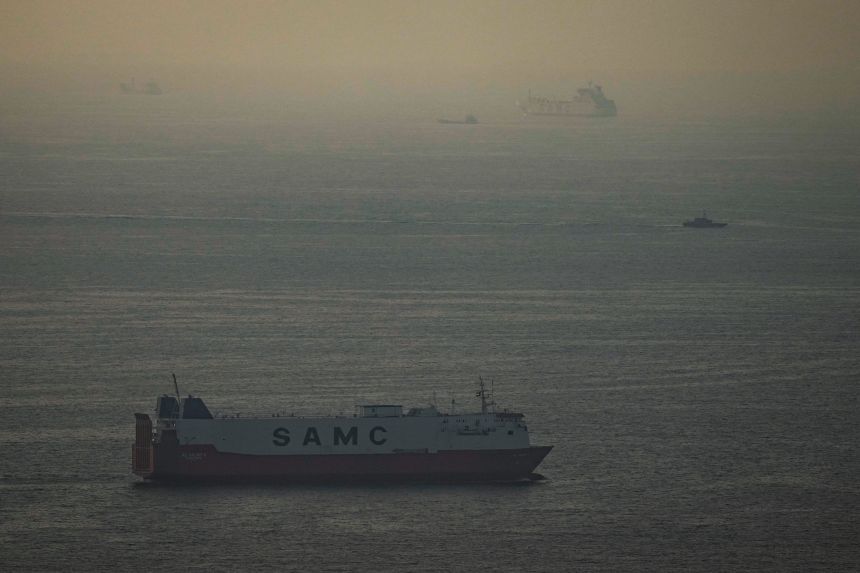 Cargo ships sail in the Arabian Gulf towards the Strait of Hormuz in the United Arab Emirates, on March 19.